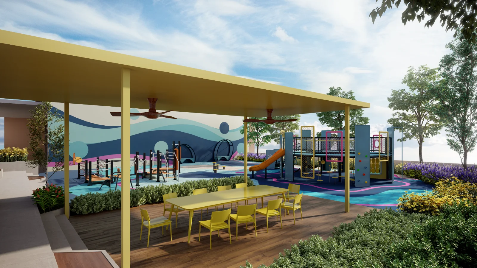 The Vividz butterscotch Garden with seating among greenery, artist's impression