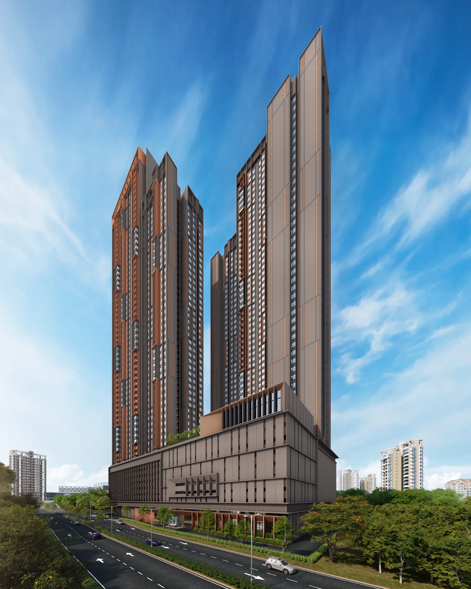 The Vividz towers with bold colour panels on the facade, artist's impression