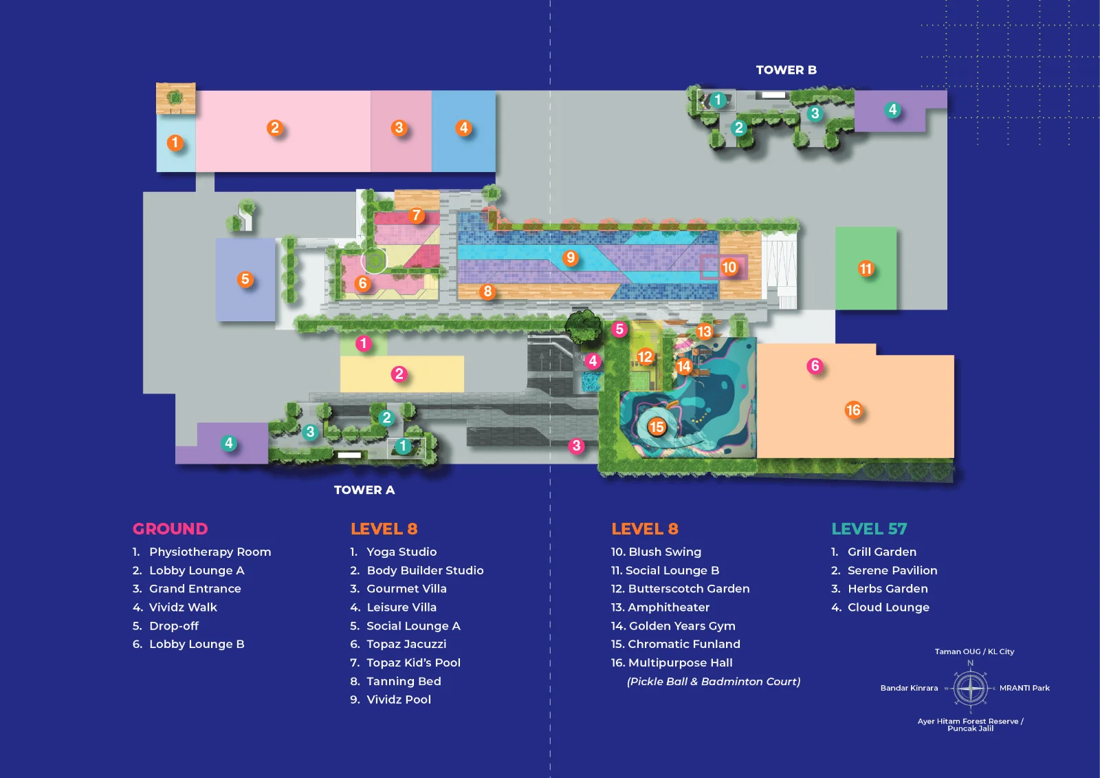 The Vividz facilities plan showing ground floor, Level 8 and Level 57 facilities for Towers A and B