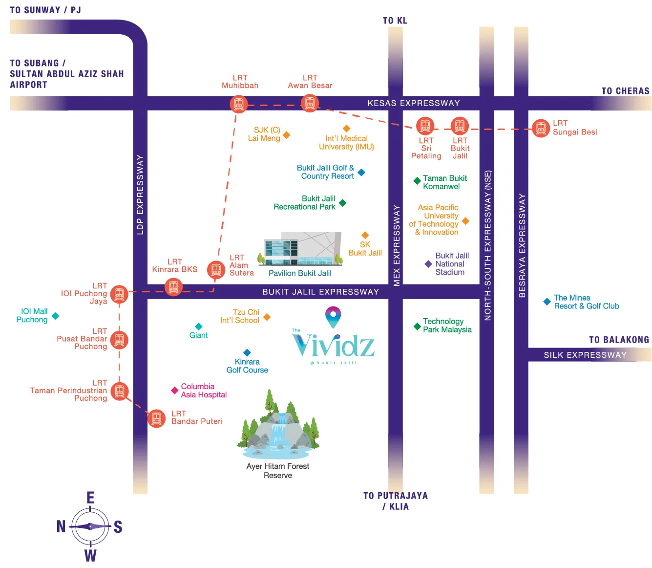 Location map of The Vividz in Bukit Jalil with LRT stations, highways, malls, hospitals and schools
