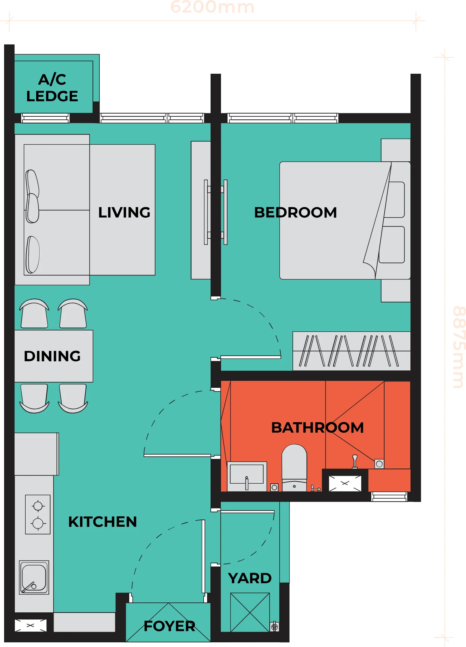 The Vividz floor plan Type A1, 484 sq ft, 1 bed, 1 bath