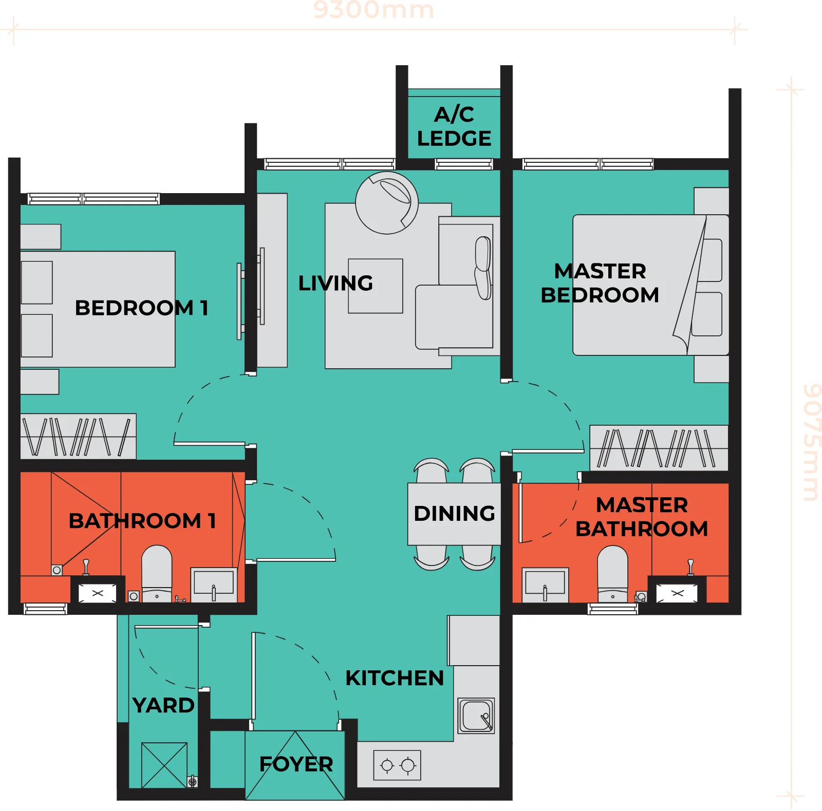 The Vividz floor plan Type B1, 689 sq ft, 2 bed, 2 bath