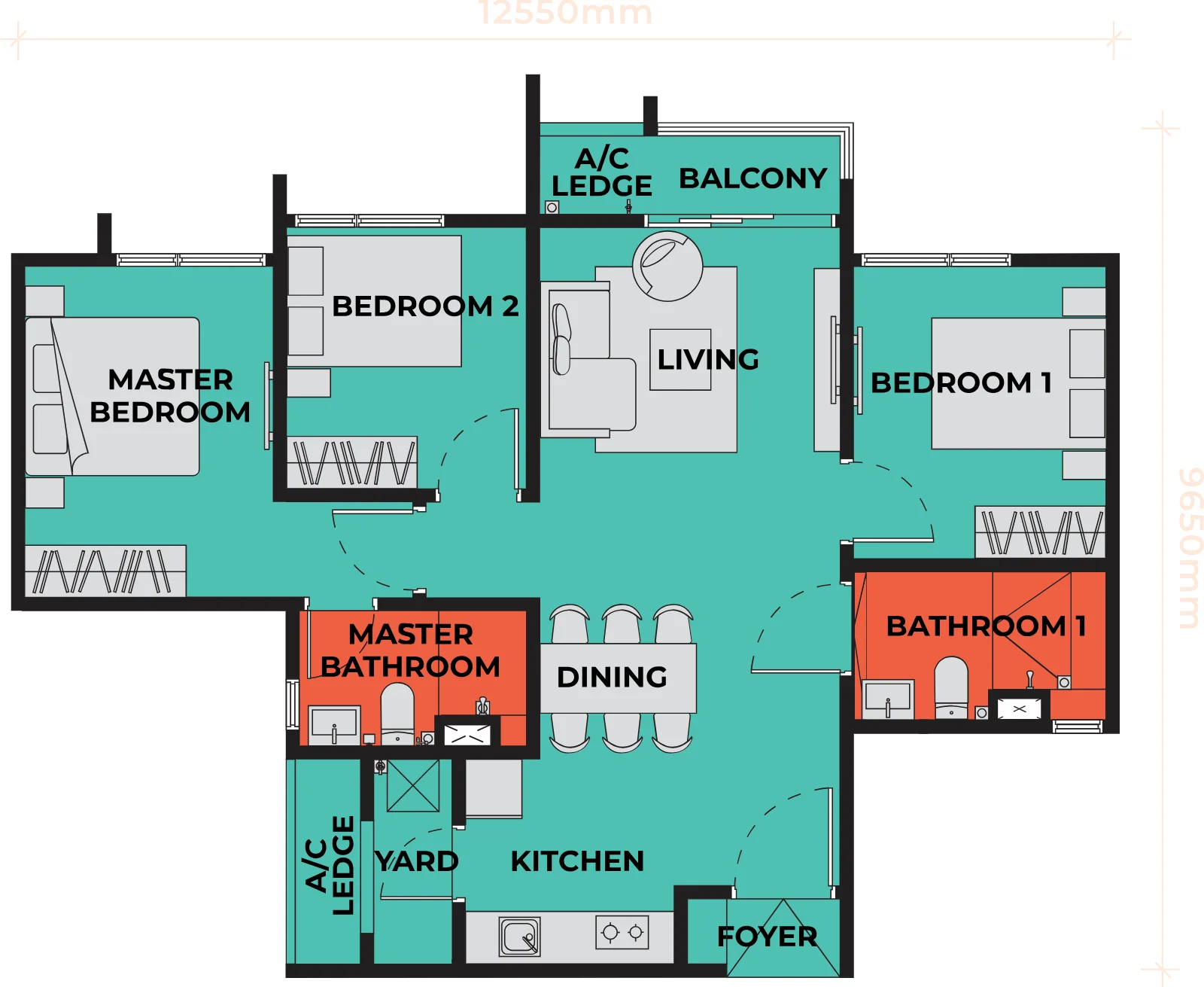 The Vividz floor plan Type C1, 915 sq ft, 3 bed, 2 bath, balcony