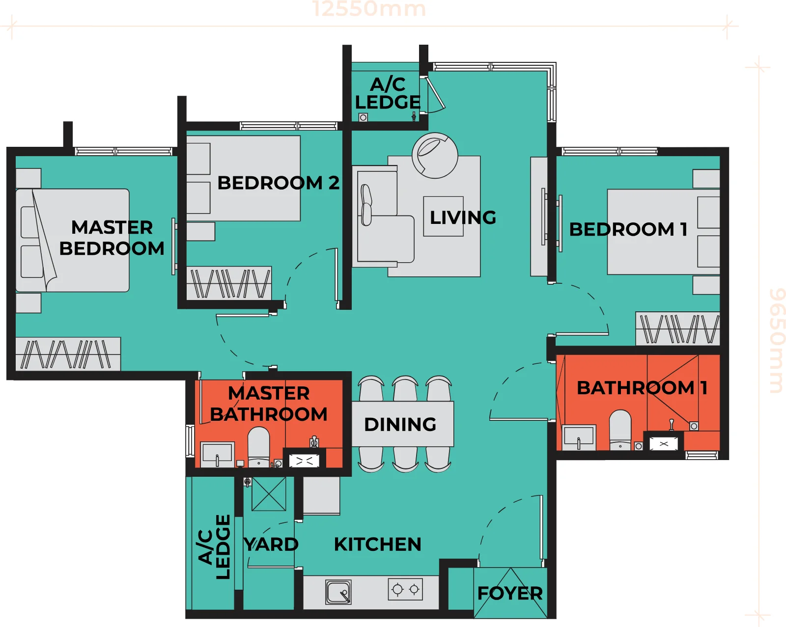 The Vividz floor plan Type C2, 915 sq ft, 3 bed, 2 bath